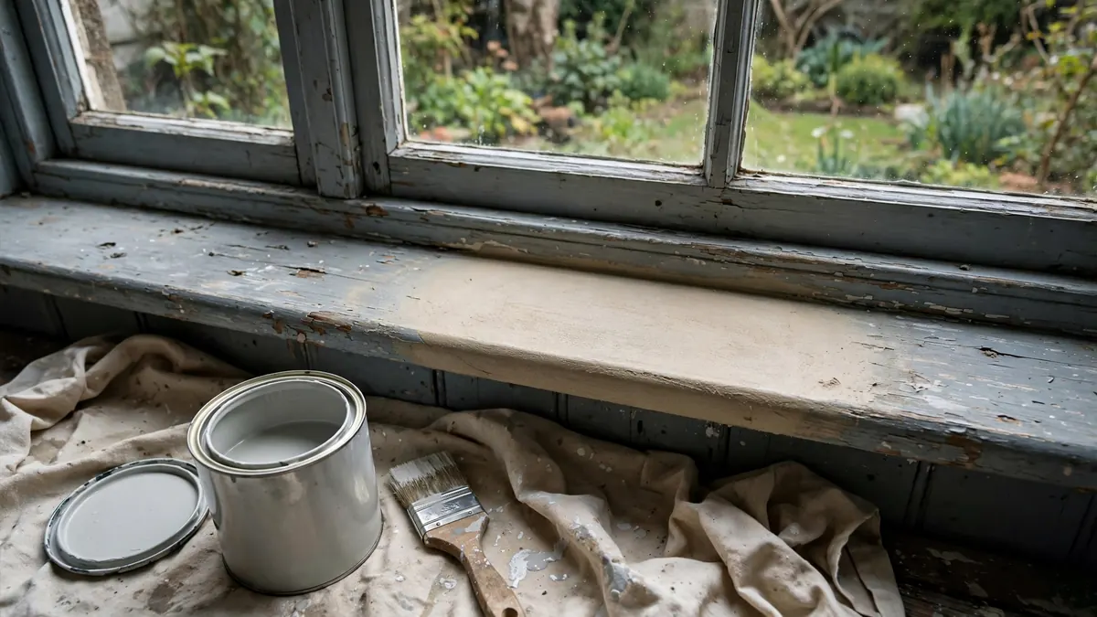 Sanded epoxy repair blended into an exterior windowsill