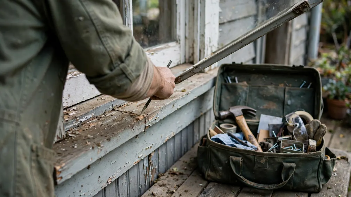 Testing a windowsill with an awl before filling