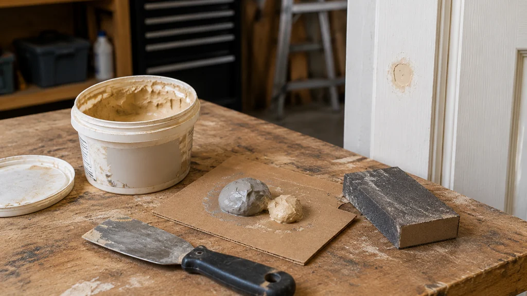 Wood filler tub, mixed epoxy putty and putty knife on a workbench
