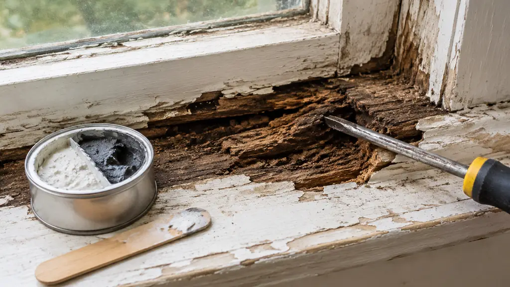 Rotten window sill being probed before epoxy putty repair