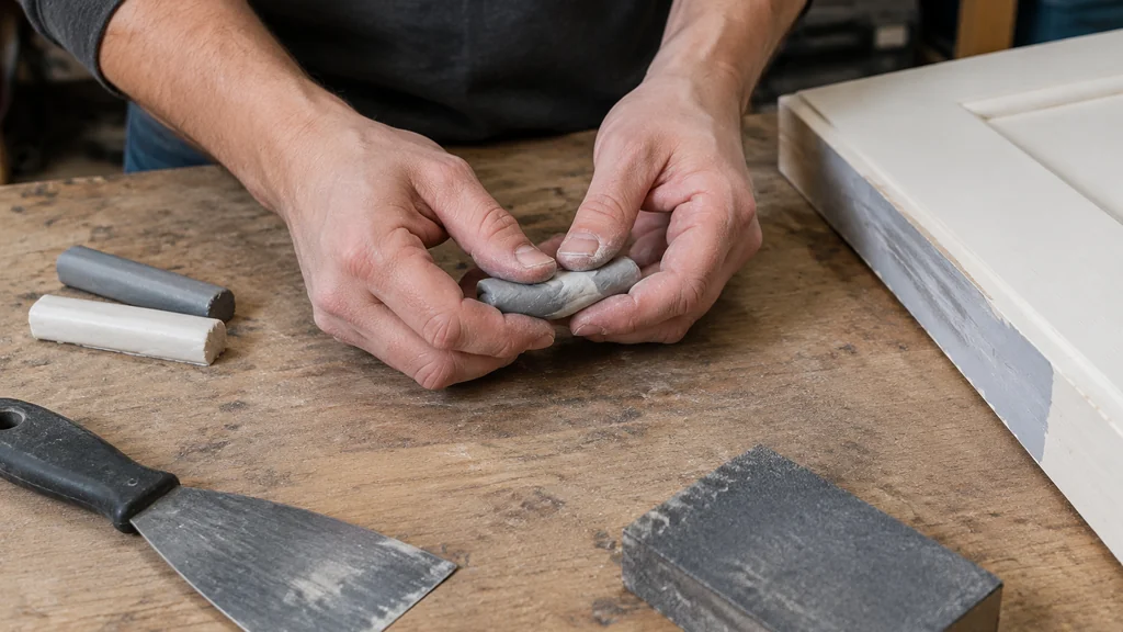 Kneading two-part epoxy putty until the colour is uniform